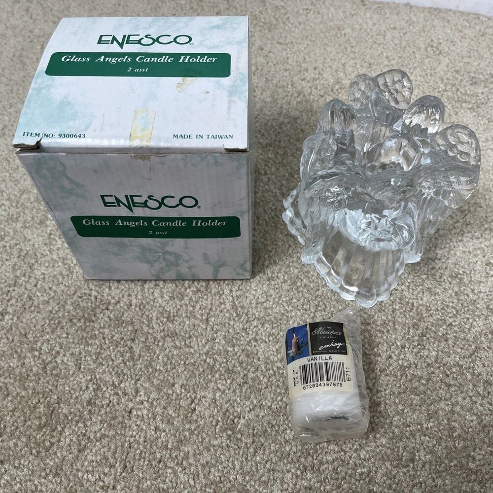 Enesco Glass Angels Candle Holder Votive 3 Sided In Box & Vanilla-scented Candle